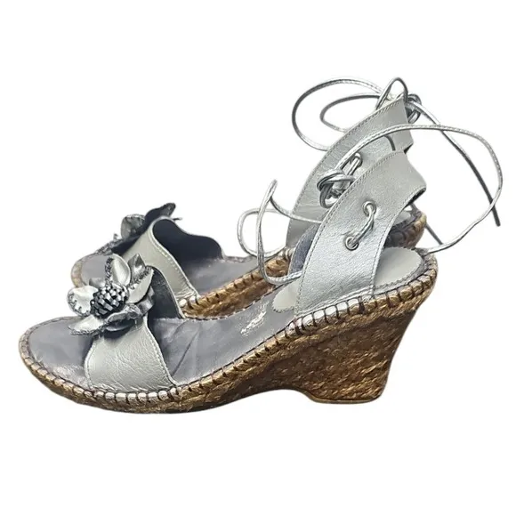 Mikala Silver Wedge Sandals Flower Ankle Tie Espadrille Brazil Shoes Size 8