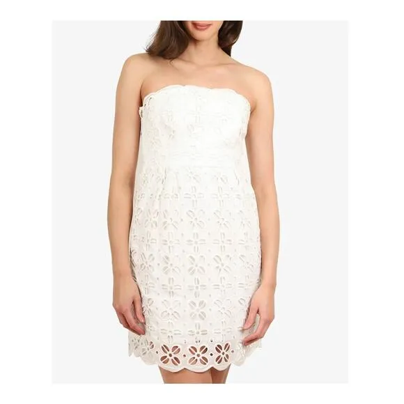 Milly Emalina Dress Womens 10 White Floral Eyelet Strapless Lined Chic Modern
