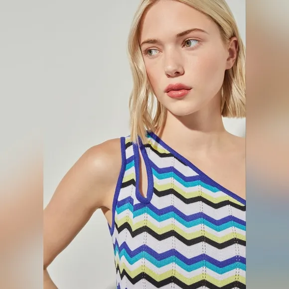 Ming Wang Modern Fit One-Shoulder Column Chevron Soft Knit Maxi Dress