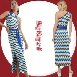 Ming Wang Modern Fit One-Shoulder Column Chevron Soft Knit Maxi Dress