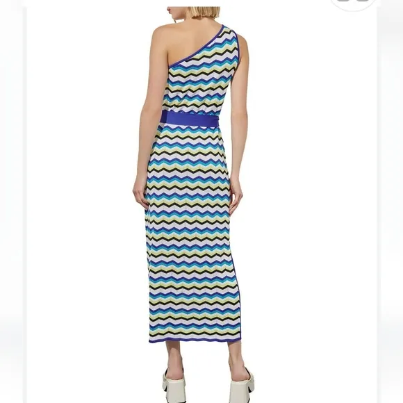 Ming Wang Modern Fit One-Shoulder Column Chevron Soft Knit Maxi Dress