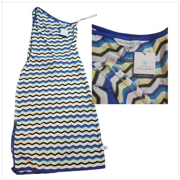 Ming Wang Modern Fit One-Shoulder Column Chevron Soft Knit Maxi Dress