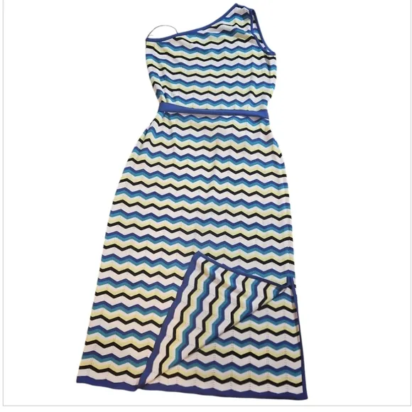Ming Wang Modern Fit One-Shoulder Column Chevron Soft Knit Maxi Dress