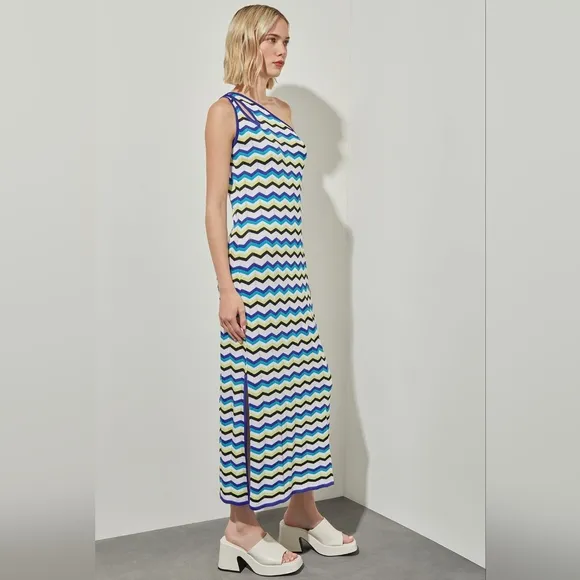 Ming Wang Modern Fit One-Shoulder Column Chevron Soft Knit Maxi Dress
