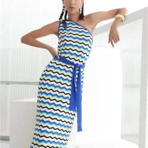 Ming Wang NWT Blue Zigzag Patterned One-Shoulder Dress