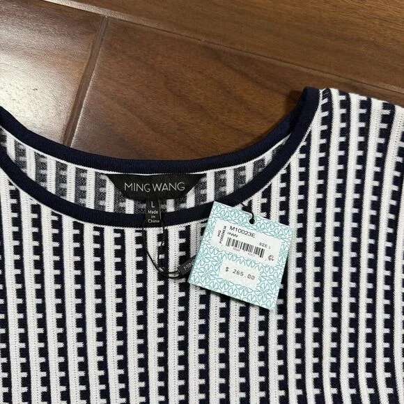 Ming Wang Size Large Navy Blue‎ White Striped Modern Fit Soft Knit A Line Dress