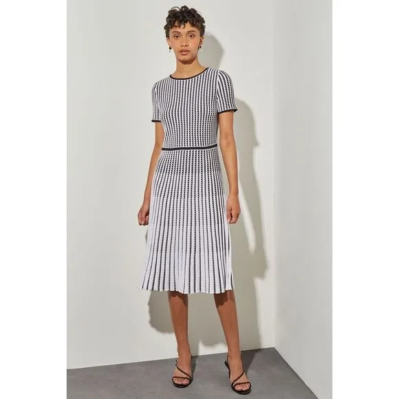 Ming Wang Size Large Navy Blue‎ White Striped Modern Fit Soft Knit A Line Dress