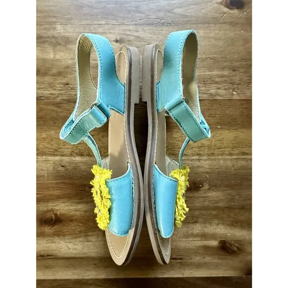 Mini Boden Blue Yellow Lion Raffia Sandals Shoes European Summer Girls 31EU/13US