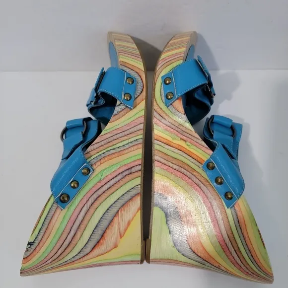 MIZ MOOZ Women's Blue Torquise Marble Rainbow Wedges Sandals Sz 40 Leather