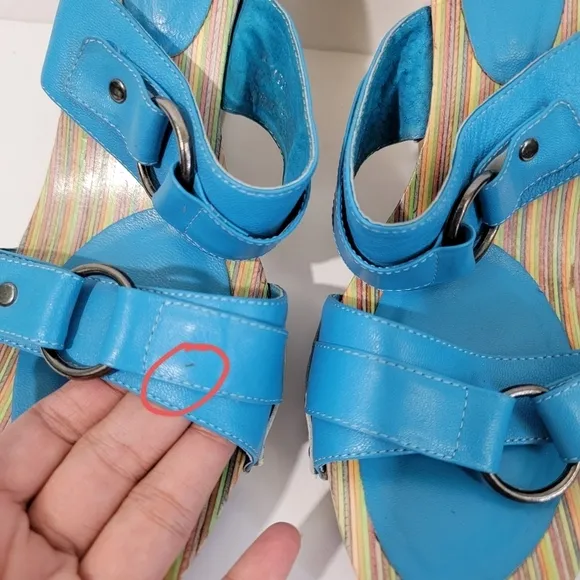 MIZ MOOZ Women's Blue Torquise Marble Rainbow Wedges Sandals Sz 40 Leather