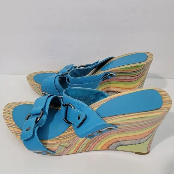 MIZ MOOZ Women's Blue Torquise Marble Rainbow Wedges Sandals Sz 40 Leather