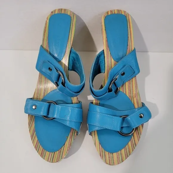 MIZ MOOZ Women's Blue Torquise Marble Rainbow Wedges Sandals Sz 40 Leather