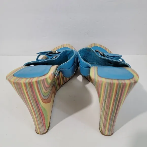 MIZ MOOZ Women's Blue Torquise Marble Rainbow Wedges Sandals Sz 40 Leather