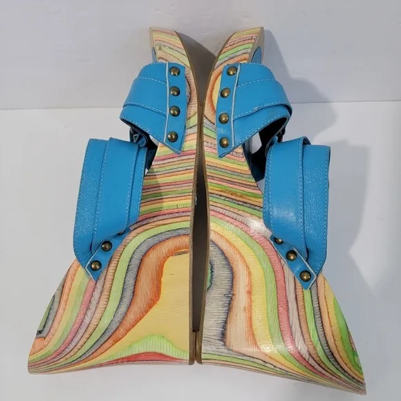 MIZ MOOZ Women's Blue Torquise Marble Rainbow Wedges Sandals Sz 40 Leather