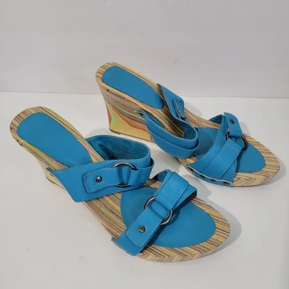 MIZ MOOZ Women's Blue Torquise Marble Rainbow Wedges Sandals Sz 40 Leather