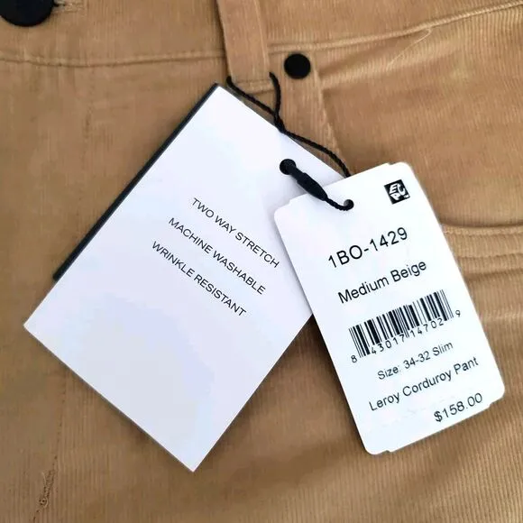Mizzen Main Pants Mens 34x32 Beige Stretch‎ Leroy Corduroy Slim Fit NWT $158