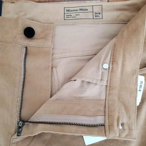 Mizzen Main Pants Mens 34x32 Beige Stretch‎ Leroy Corduroy Slim Fit NWT $158