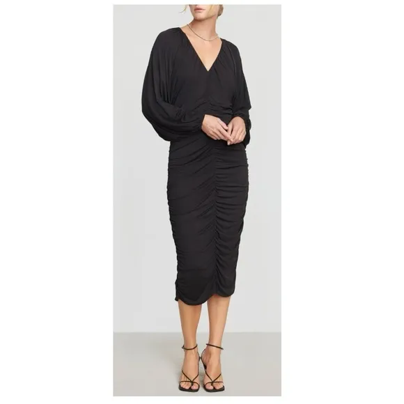 Modern Citizen Black Ruched V-Neck Drape Midi Dress