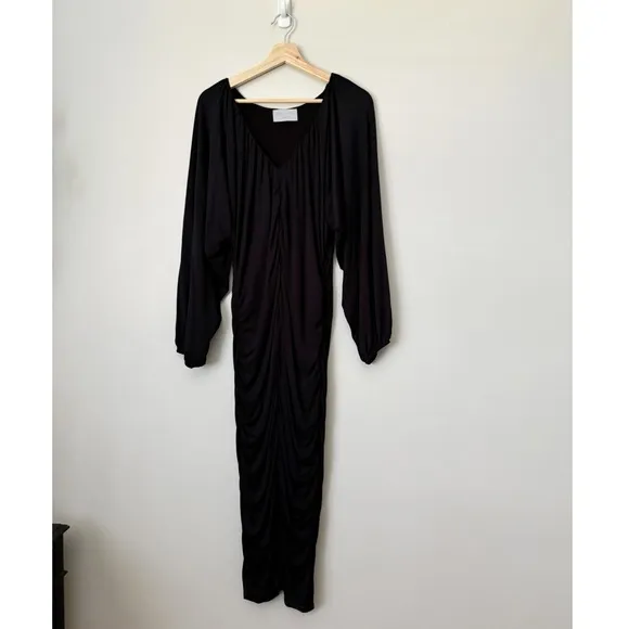 Modern Citizen Black Ruched V-Neck Drape Midi Dress