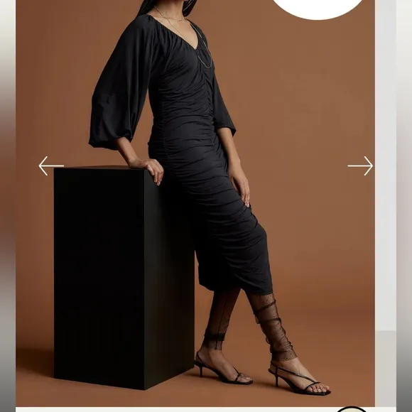 Modern Citizen Black Ruched V-Neck Drape Midi Dress