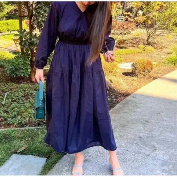 Modern Citizen Delia Maxi Dress Navy Blue Poplin Tiered Cotton Boho XS/S