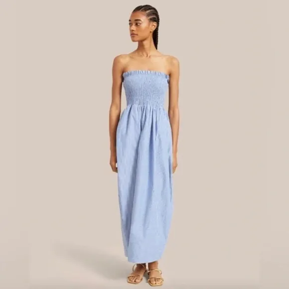 Modern Citizen Domi Smocked Strapless Maxi Dress Size XS Blue Striped