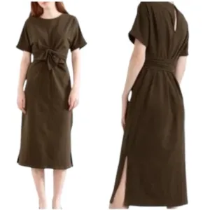 modern citizen mckenna tie waist Cotton midi dress side slit olive green Small