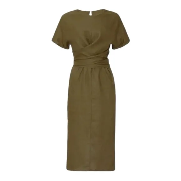 modern citizen mckenna tie waist Cotton midi dress side slit olive green Small
