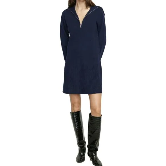 Modern Citizen Milly Zip Collar Navy Blue Sweater Dress Mini Split Sleeve L New