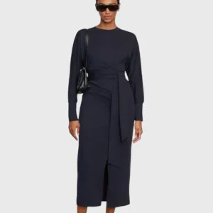 Modern Citizen Wei Tie-Front Organic Cotton Long Sleeve Navy Maxi Dress Large
