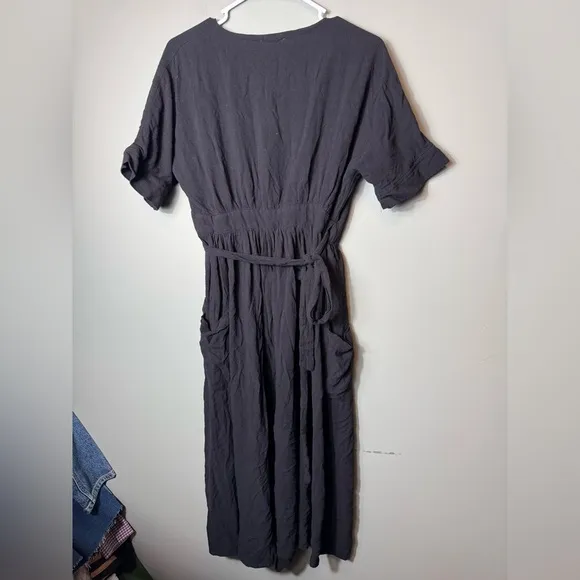 Modern Citizen Wrap Dress Midi Length Short Sleeve V Neck Pockets Black Size M