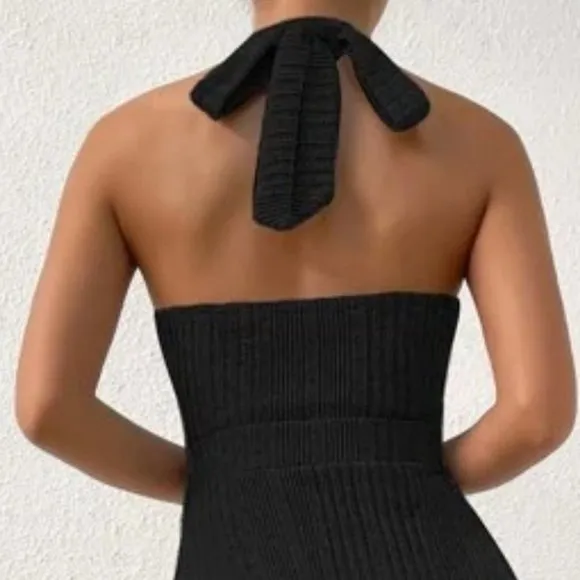 Modern Cut Out waist Backless Halter Maxi Dress BLACK