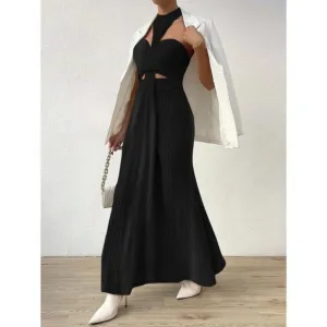 Modern Cut Out waist Backless Halter Maxi Dress BLACK