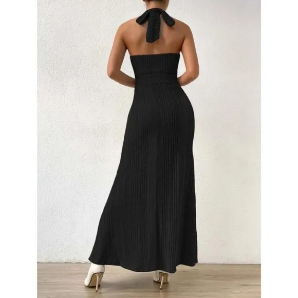 Modern Cut Out waist Backless Halter Maxi Dress BLACK