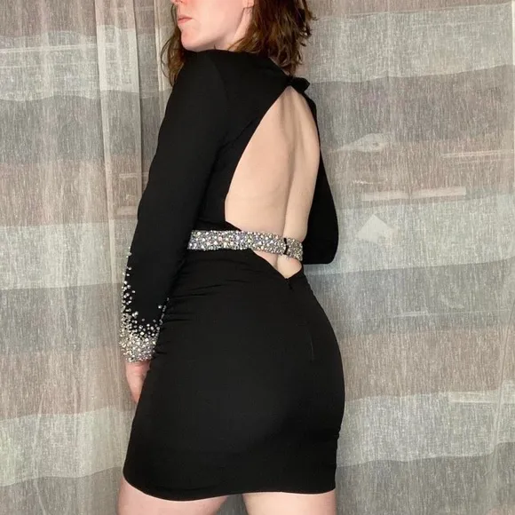 Modern Hannah S Style S 27183 Black Beaded Backless Cocktail Dress, Size 12.