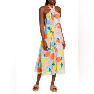 Modern Lemon-Print Dress: Staud Kai Halter Midi Dress Retro Vibe Large NEW