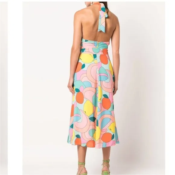 Modern Lemon-Print Dress: Staud Kai Halter Midi Dress Retro Vibe Large NEW