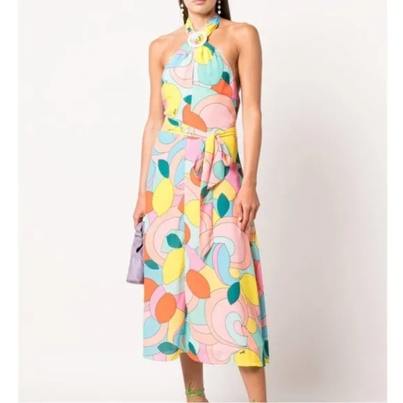 Modern Lemon-Print Dress: Staud Kai Halter Midi Dress Retro Vibe Large NEW
