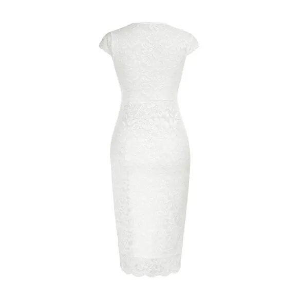 Modern White Lace V-Neck Gown. Cocktail-Bridal Size Small