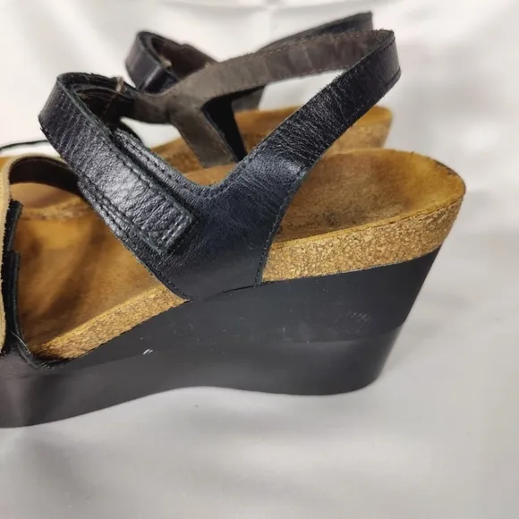 NAOT Canaan Black Tan Leather Strappy Wedge Sandals Casual Women's Shoes Size 7
