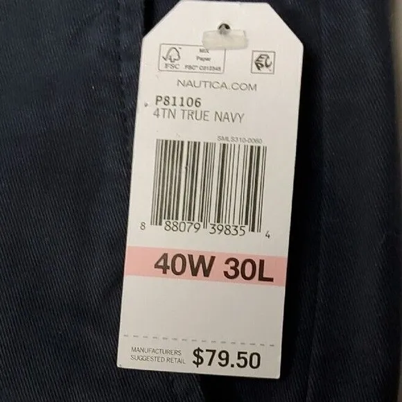 Nautica Men's Classic-Fit Stretch Flat-Front Chino Deck Pants Navy 40x30 NWT