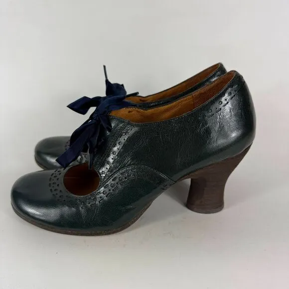 Naya Jada Mary Jane Pumps Women's 8.5 Green Leather Satin Laces Wooden Heel