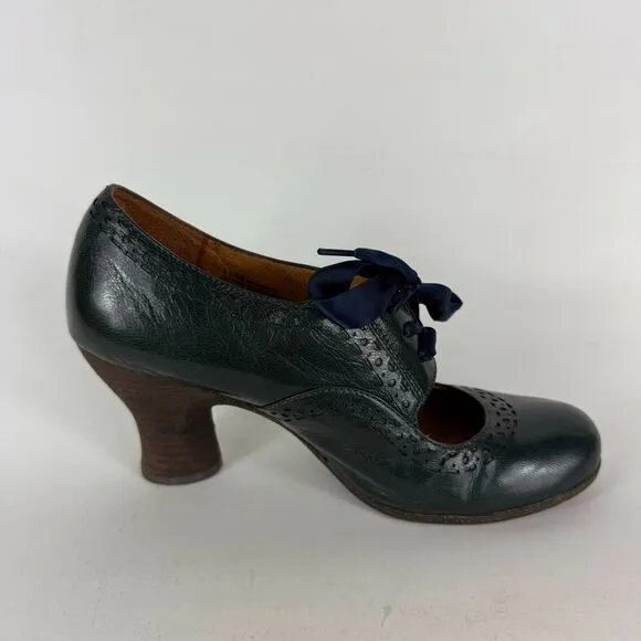 Naya Jada Mary Jane Pumps Women's 8.5 Green Leather Satin Laces Wooden Heel