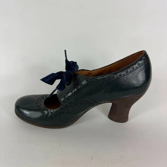 Naya Jada Mary Jane Pumps Women's 8.5 Green Leather Satin Laces Wooden Heel