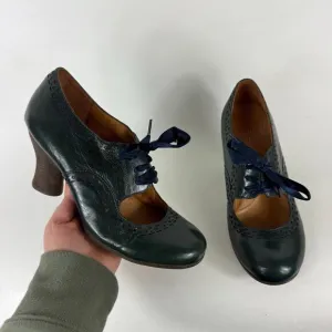 Naya Jada Mary Jane Pumps Women's 8.5 Green Leather Satin Laces Wooden Heel