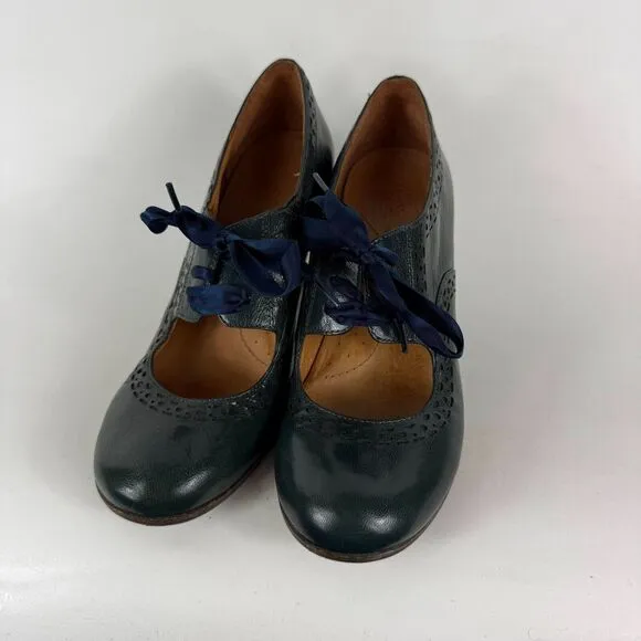 Naya Jada Mary Jane Pumps Women's 8.5 Green Leather Satin Laces Wooden Heel