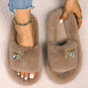 Neiman Marcus Designer Bee Decor Faux Fur Luxury Slippers