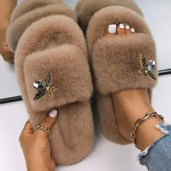 Neiman Marcus Designer Bee Decor Faux Fur Luxury Slippers