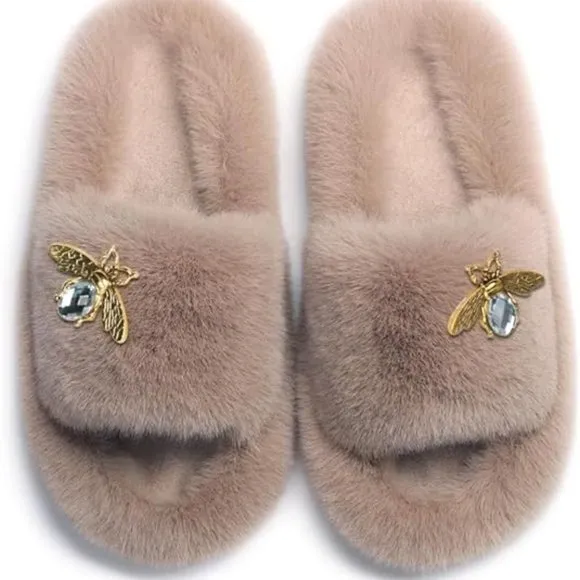 Neiman Marcus Designer Bee Decor Faux Fur Luxury Slippers