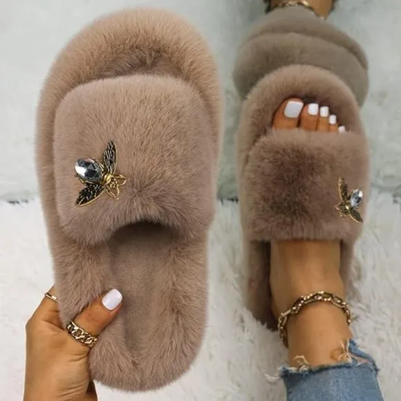 Neiman Marcus Designer Bee Decor Faux Fur Luxury Slippers